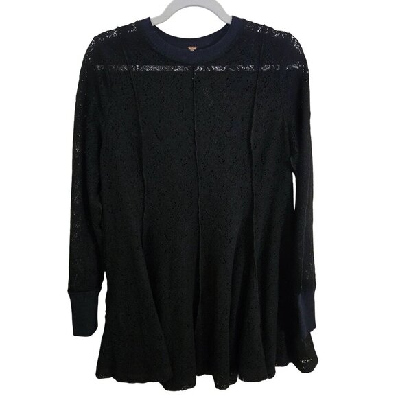 Free People Coffee In The morning Tunic Sweater Open Crochet Knit Black Size M - Picture 2 of 8